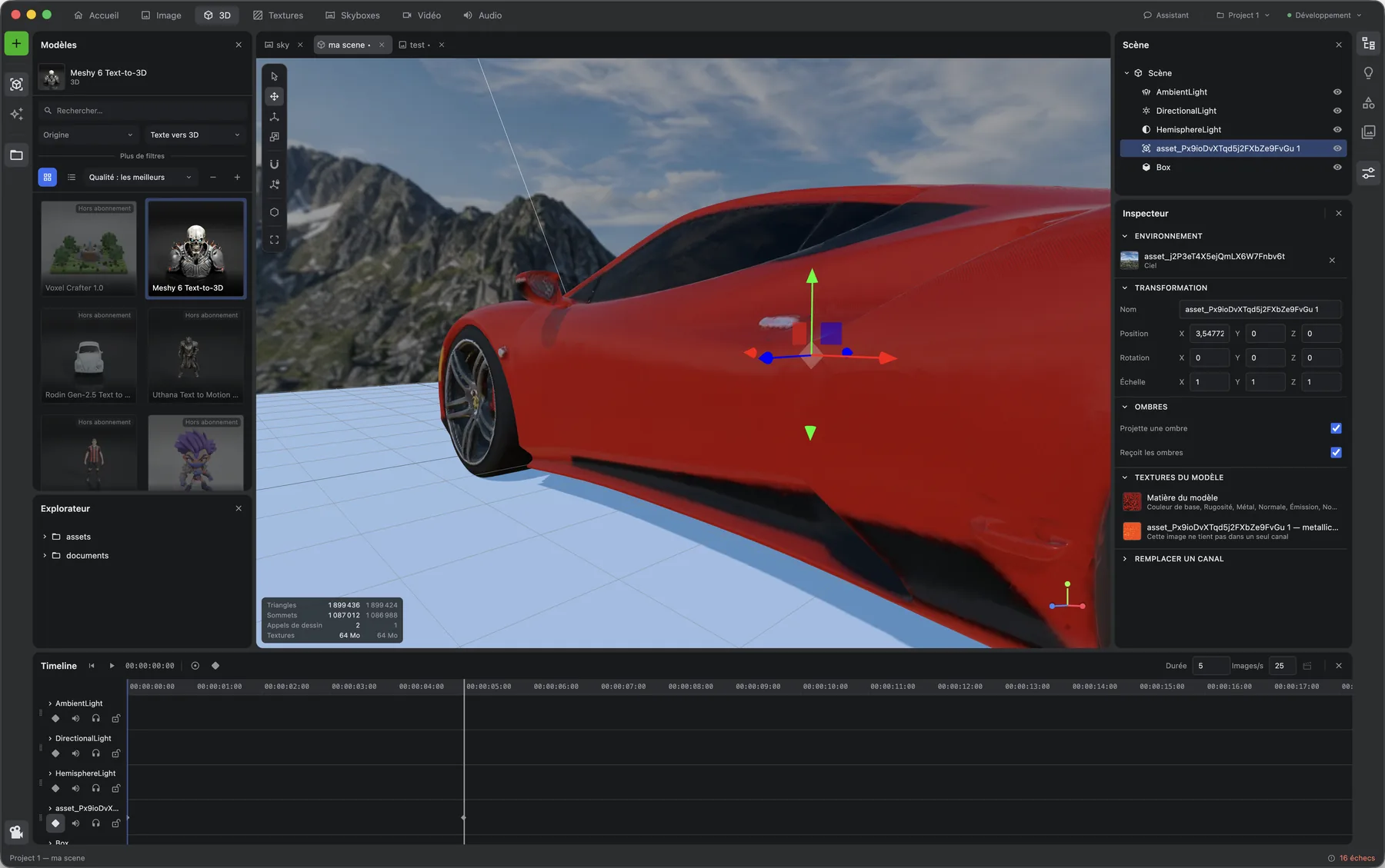 3D workshop: a generated car placed in a mountain setting, move gizmo and triangle counter overlaid, scene tree and inspector on the right, light timeline at the bottom.
