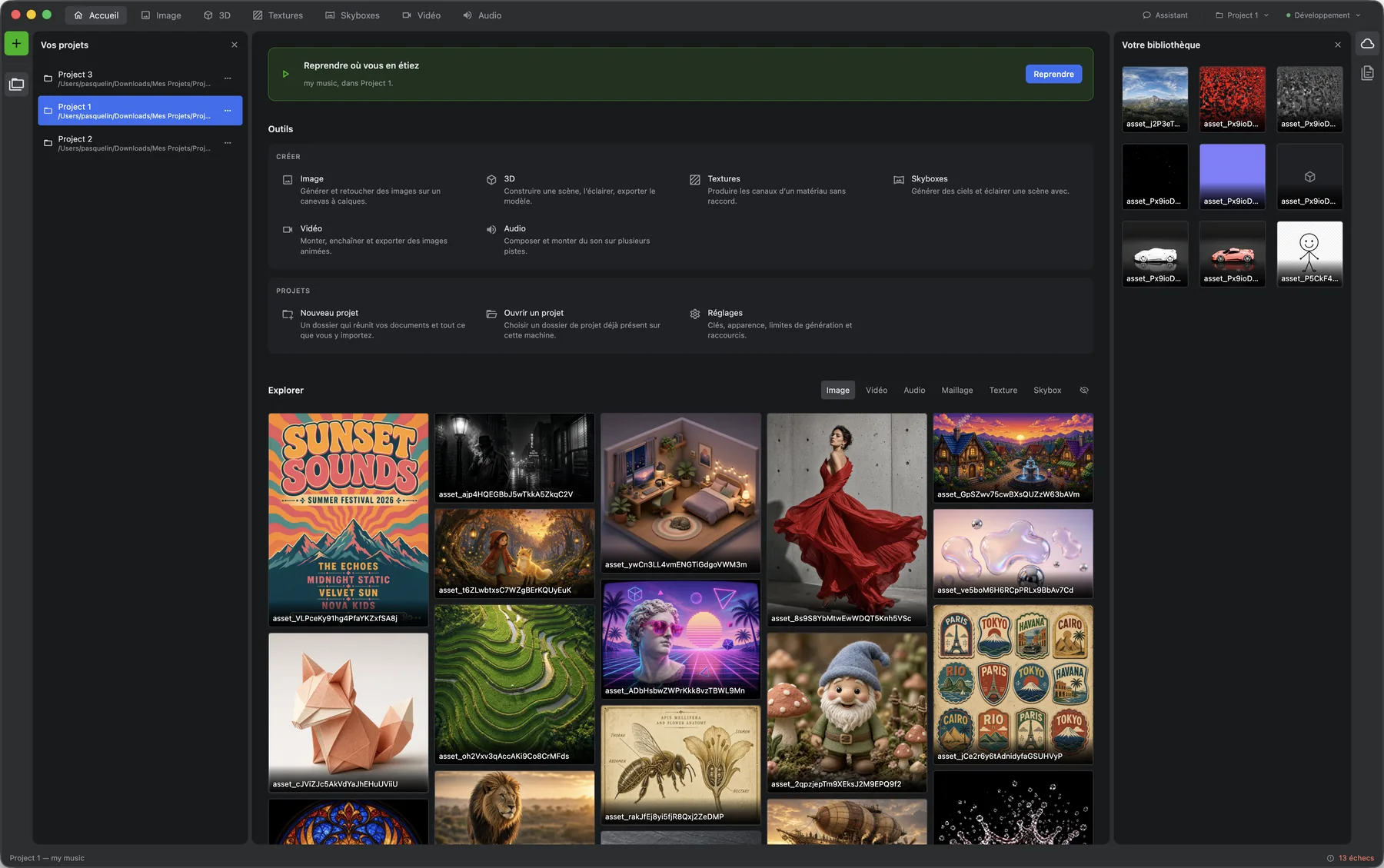 Home screen: a banner to resume the last project, a list of recently opened projects, shortcuts to the six workshops, a feed of creations published by everyone, and the account library panel.