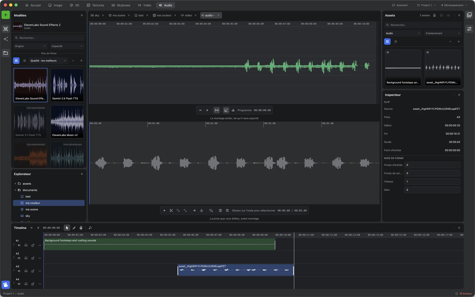 Audio workshop: Program monitor showing the waveform of the edit, Source monitor below, catalogue of sound generation models, four-track audio timeline.