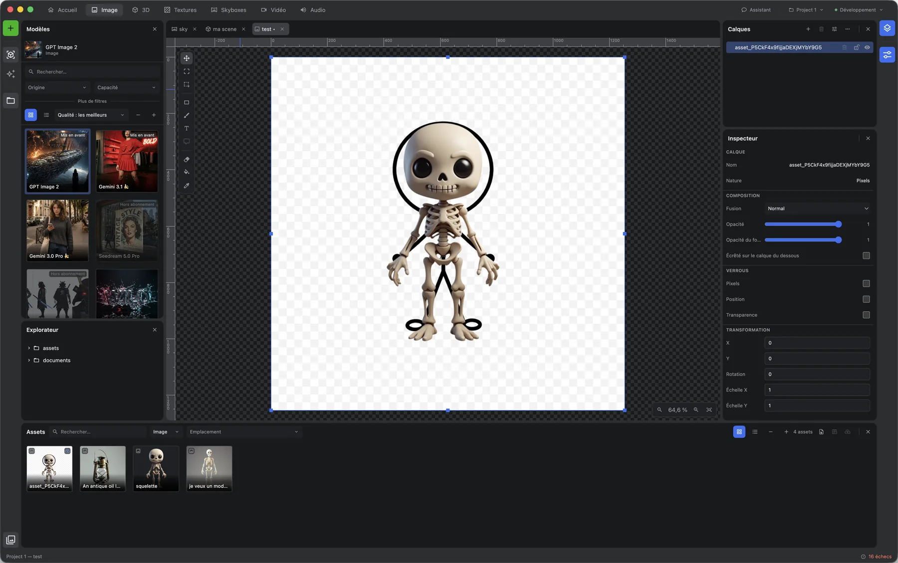 Image workshop: a transparent canvas with a cut-out skeleton, model catalogue on the left, Layers and Inspector panels on the right, asset strip at the bottom.