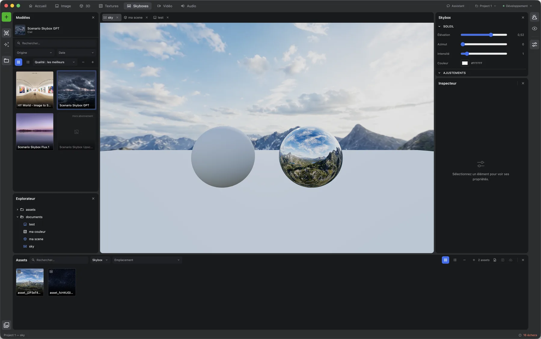 Skyboxes workshop: a snowy mountain sky in 360-degree projection, two test spheres on the ground — one matte, one mirror — and sun settings on the right.
