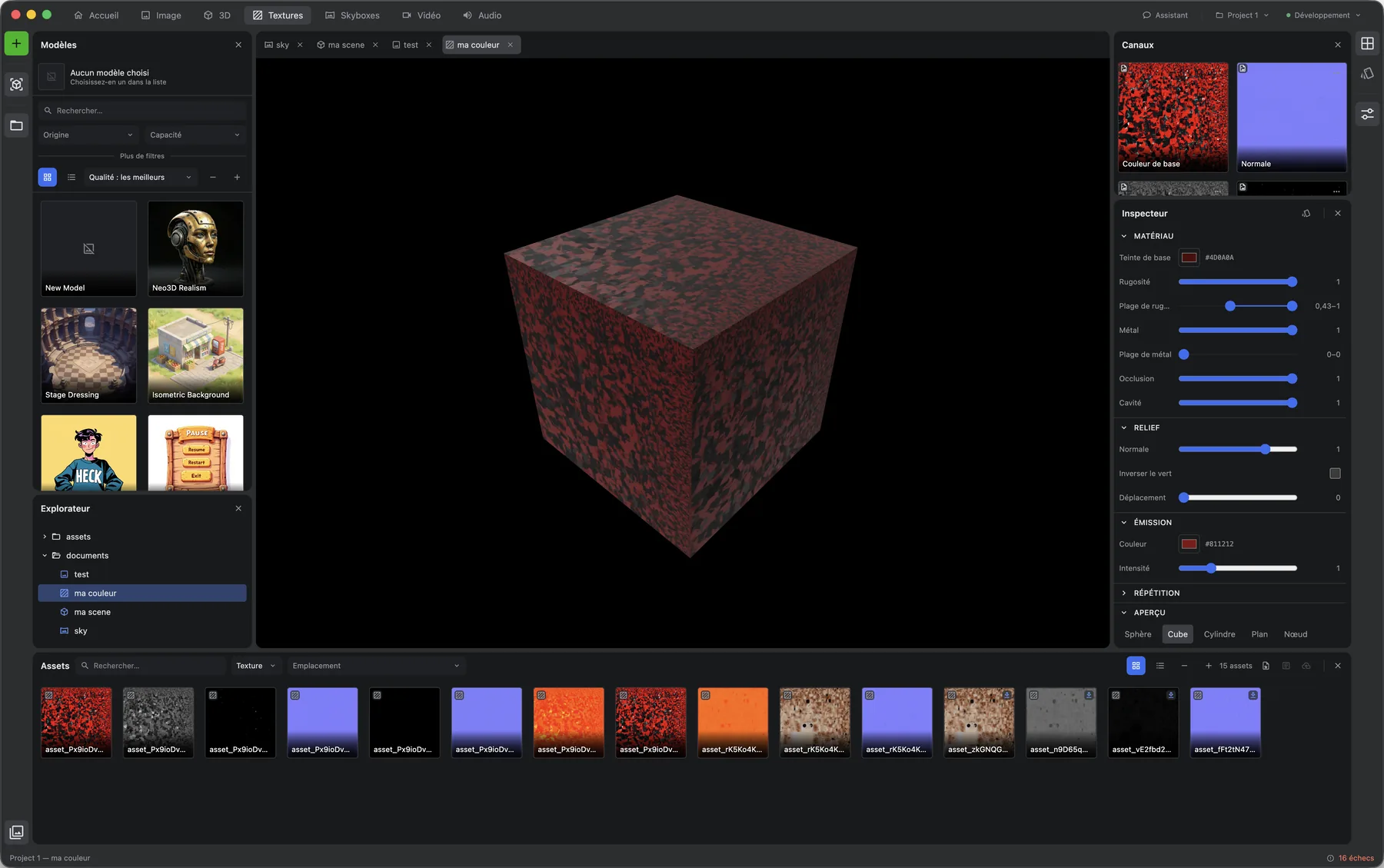 Materials workshop: preview cube carrying the material, inspector open on the channels — base colour and normal — then on the material settings, strip of generated images.