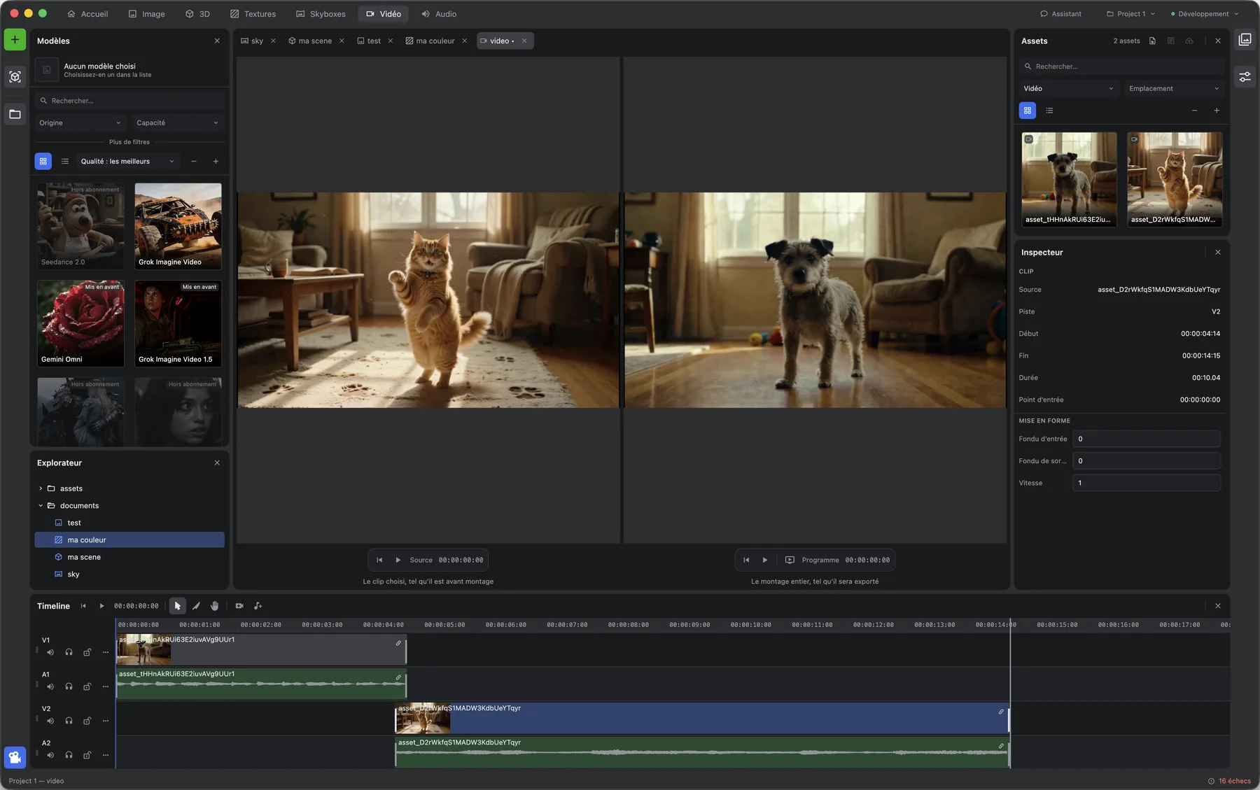Video workshop: Source and Program monitors side by side, Assets panel, clip inspector, four-track timeline V1, A1, V2 and A2.